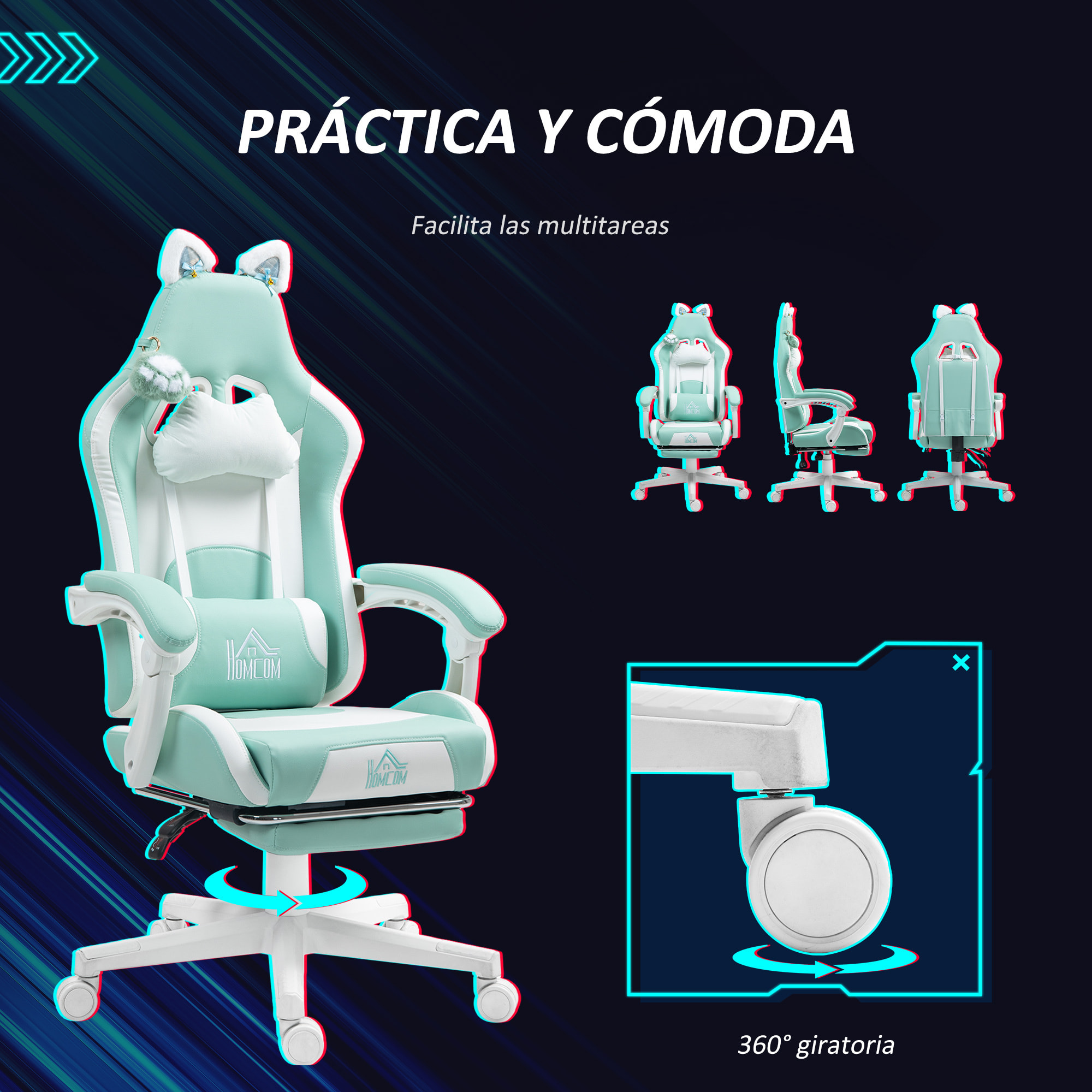 Silla Gaming con Orejas Silla Gamer Reclinable con Altura Ajustable Reposapiés Retráctil Soporte Lumbar y Reposacabezas Desmontable Silla para Oficina Estudio Azul Claro