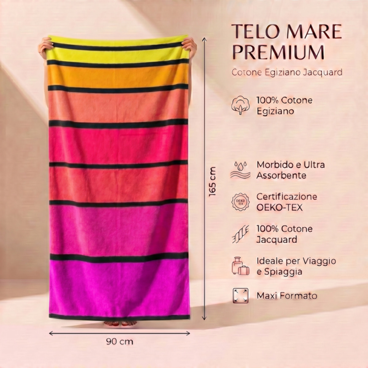 Telo mare in spugna jacquard, 90x165 cm, 100% cotone egiziano, morbido e super assorbente, asciugamano spiaggia grande a righe multicolor, resistente e certificato OEKO-TEX, ideale per mare piscina palestra e viaggio