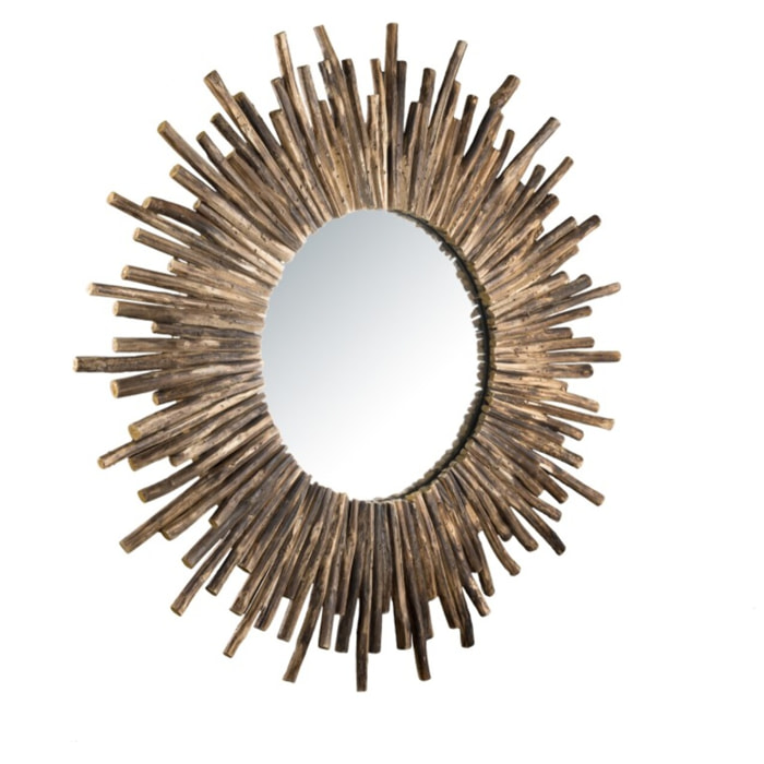 CLARA - Miroir rond marron 90x90cm soleil branches bois teck