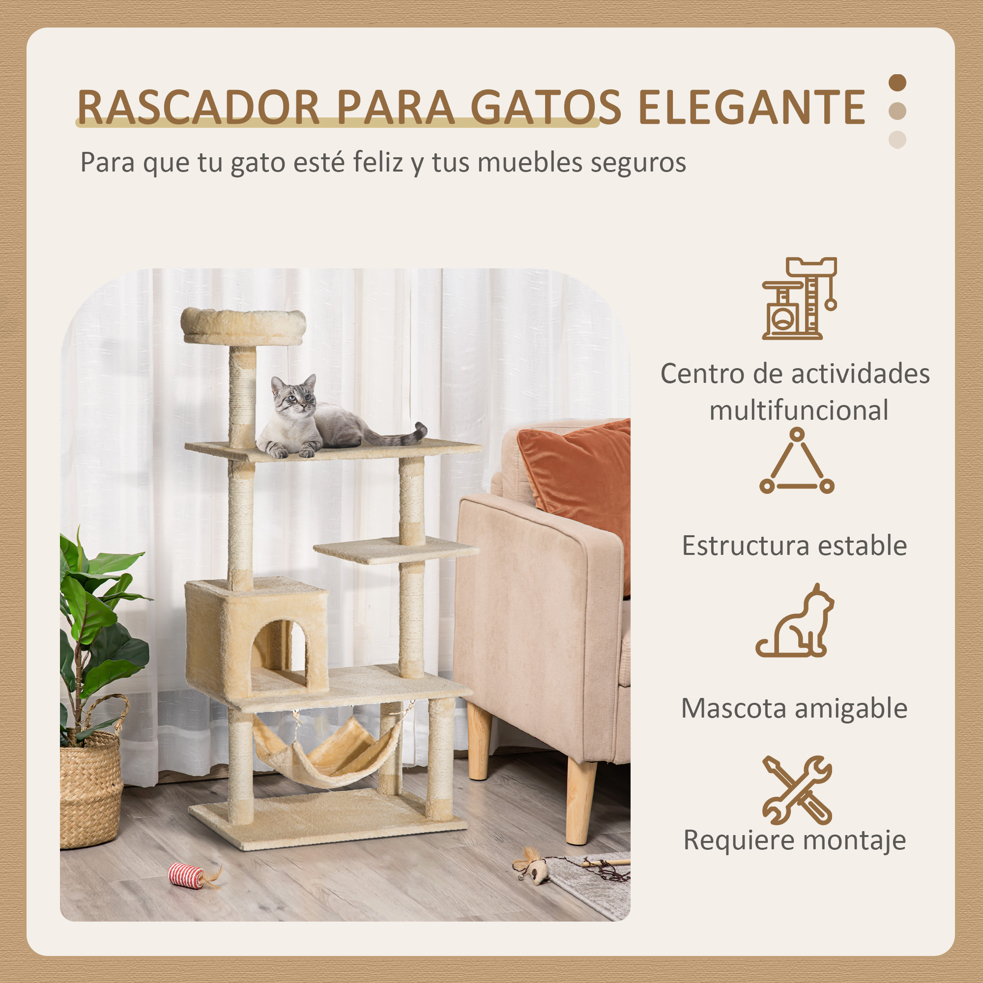 Arboles Rascadores Gatos de Felpa 152x70x40 cm . Crema