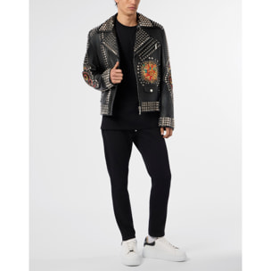 PHILIPP PLEIN Vintage Leather Biker Jacket Studs & Patches