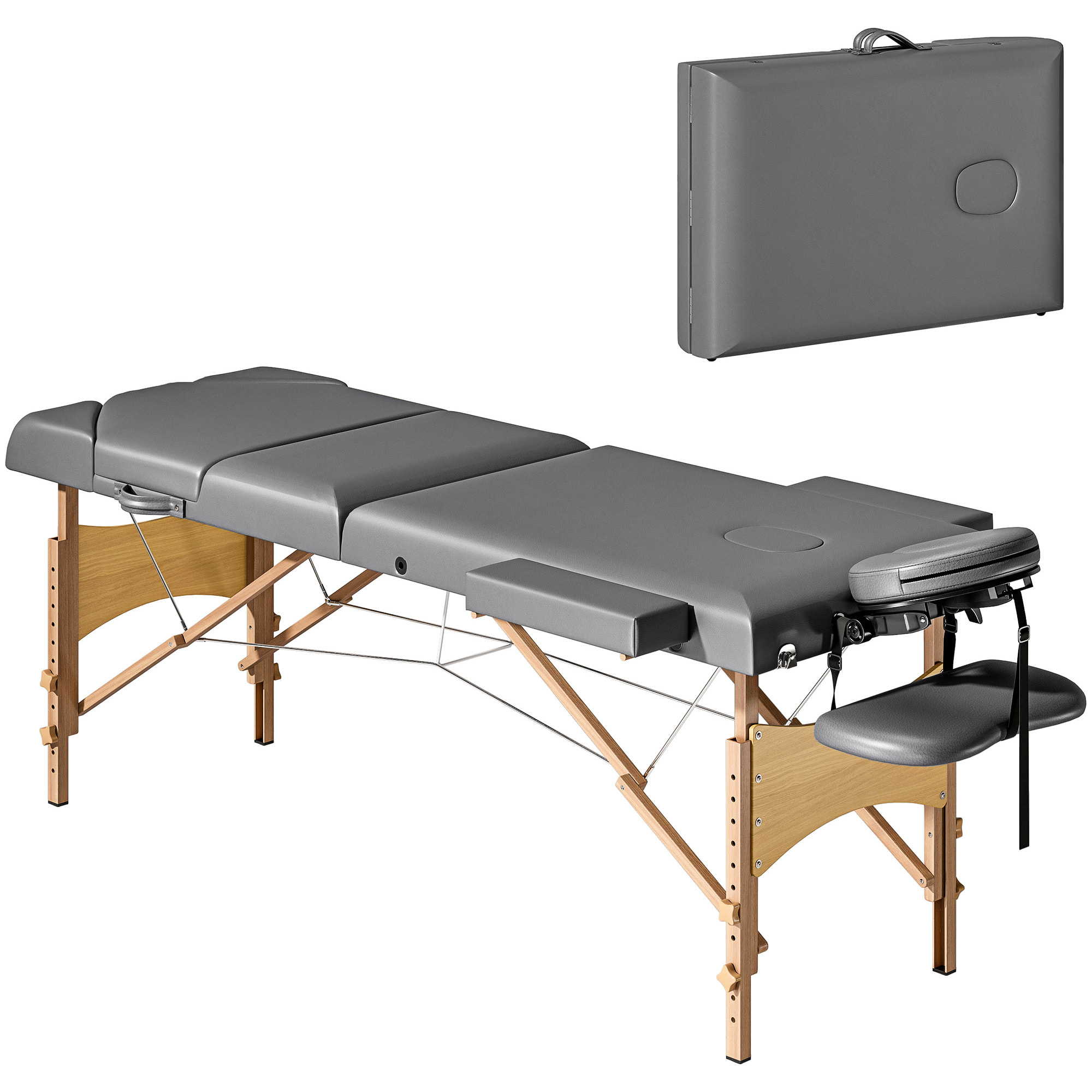 Camilla Masaje Plegable Portátil Camilla Estética Profesional de Madera de 3 Zonas con Altura, Respaldo, Soporte para Piernas, Reposacabezas Ajustables Brazos Acolchados 215x60x64-89 cm Gris