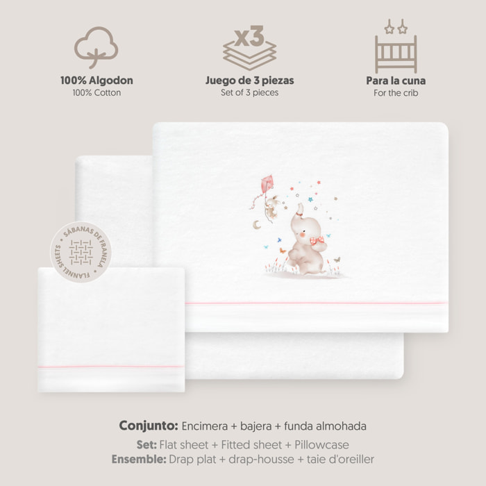 Juego de Sábanas de Cuna Franela  Mod Elefante