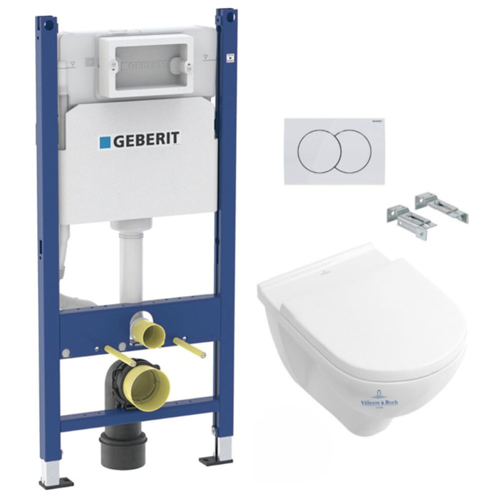 Pack WC Bati-support Geberit Duofix + WC Cuvette a fond creux sans bride O.novo Villeroy & Boch + Abattant softclose + Plaque bl