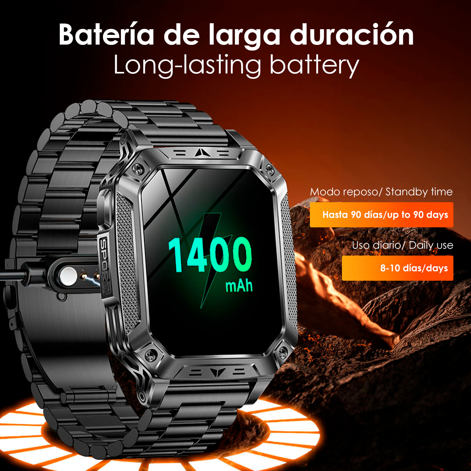 Smartwatch QS86. Con llamadas BT, batería de larga duración, modos de salud y deporte. Linterna y luz roja con aviso SOS sonoro.