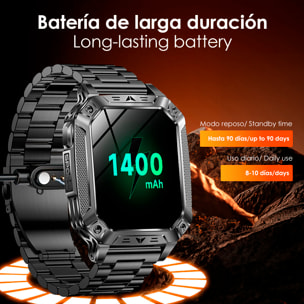 Smartwatch QS86. Con llamadas BT, batería de larga duración, modos de salud y deporte. Linterna y luz roja con aviso SOS sonoro.