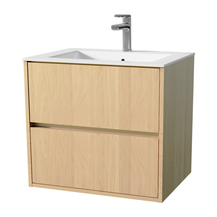 Pack Meuble Salle de Bains 60 cm Chêne Clair, 2 tiroirs avec Vasque Céramique - XENOS