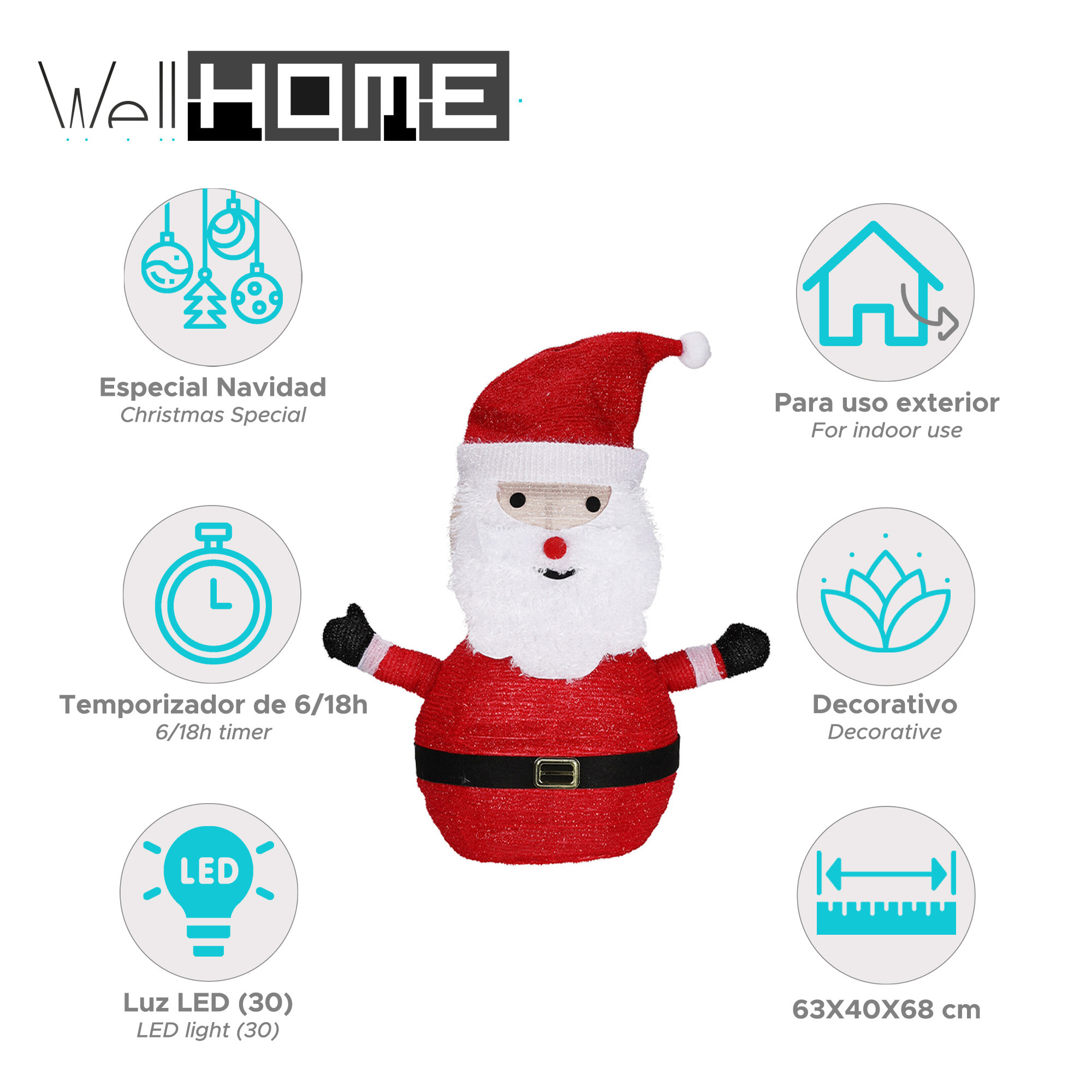 Papá noel 3d con leds blancas cálidas 63x40x68cm