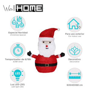 Papá noel 3d con leds blancas cálidas 63x40x68cm