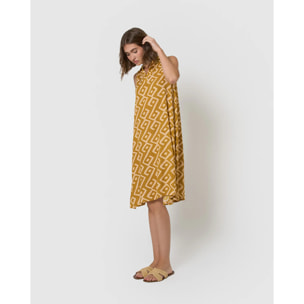 Vestido corto cuello pico bambula detalles plisados baladi limón