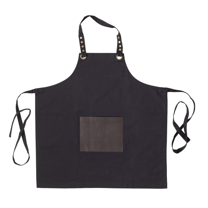 Honoré - Tablier en tissu noir avec poche en simili cuir marron