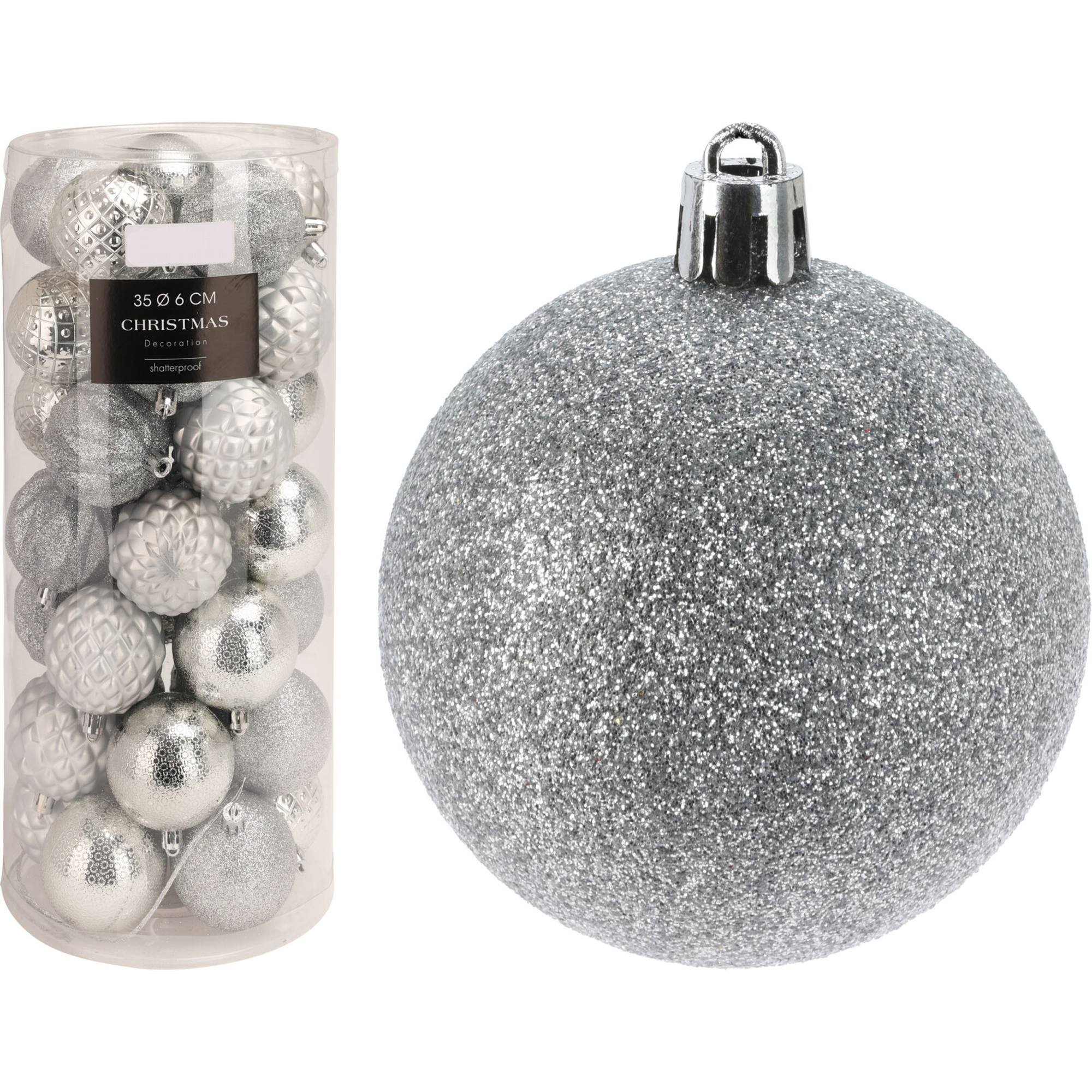 set de 35 bolas de navidad de 6cm con 5 diseños diferentes en relieve color plata