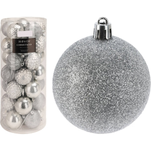 set de 35 bolas de navidad de 6cm con 5 diseños diferentes en relieve color plata