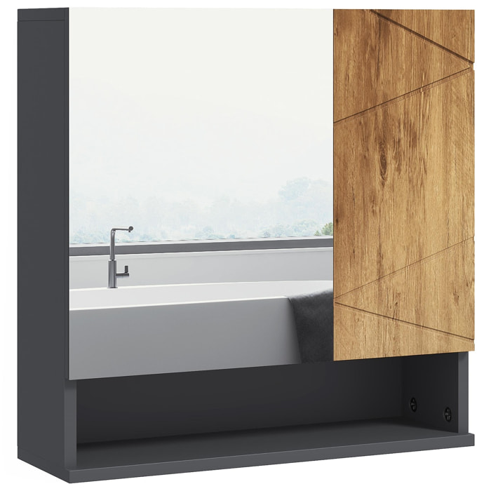 Armoire miroir de salle de bain - 2 portes, 2 étagères, niche - anthracite aspect bois