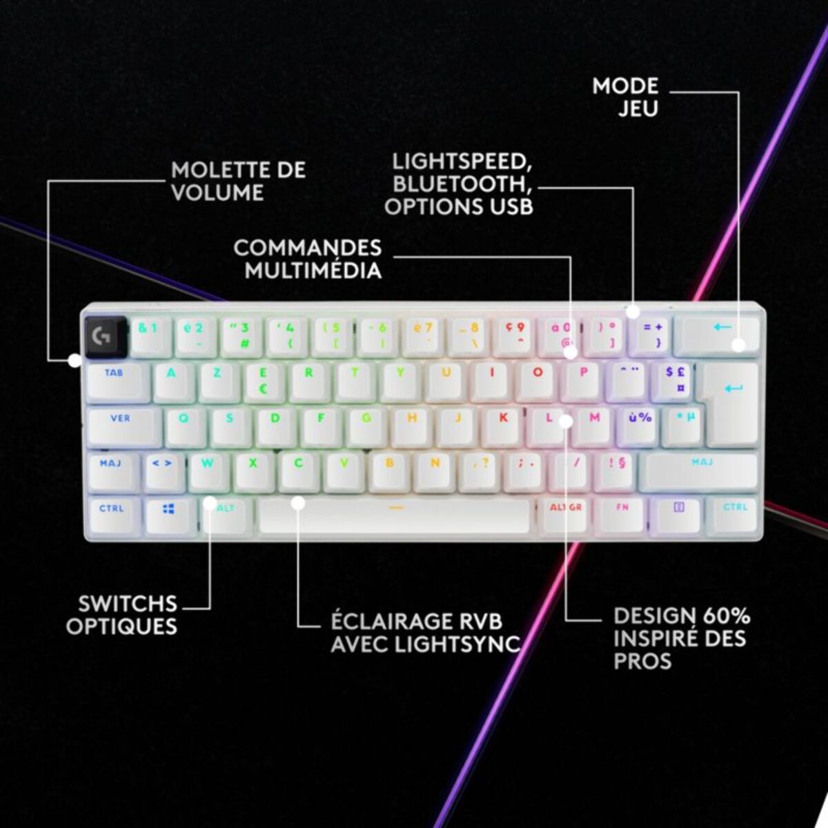 Clavier gamer sans fil LOGITECH G PRO X 60 LIGHTSPEED BLANC