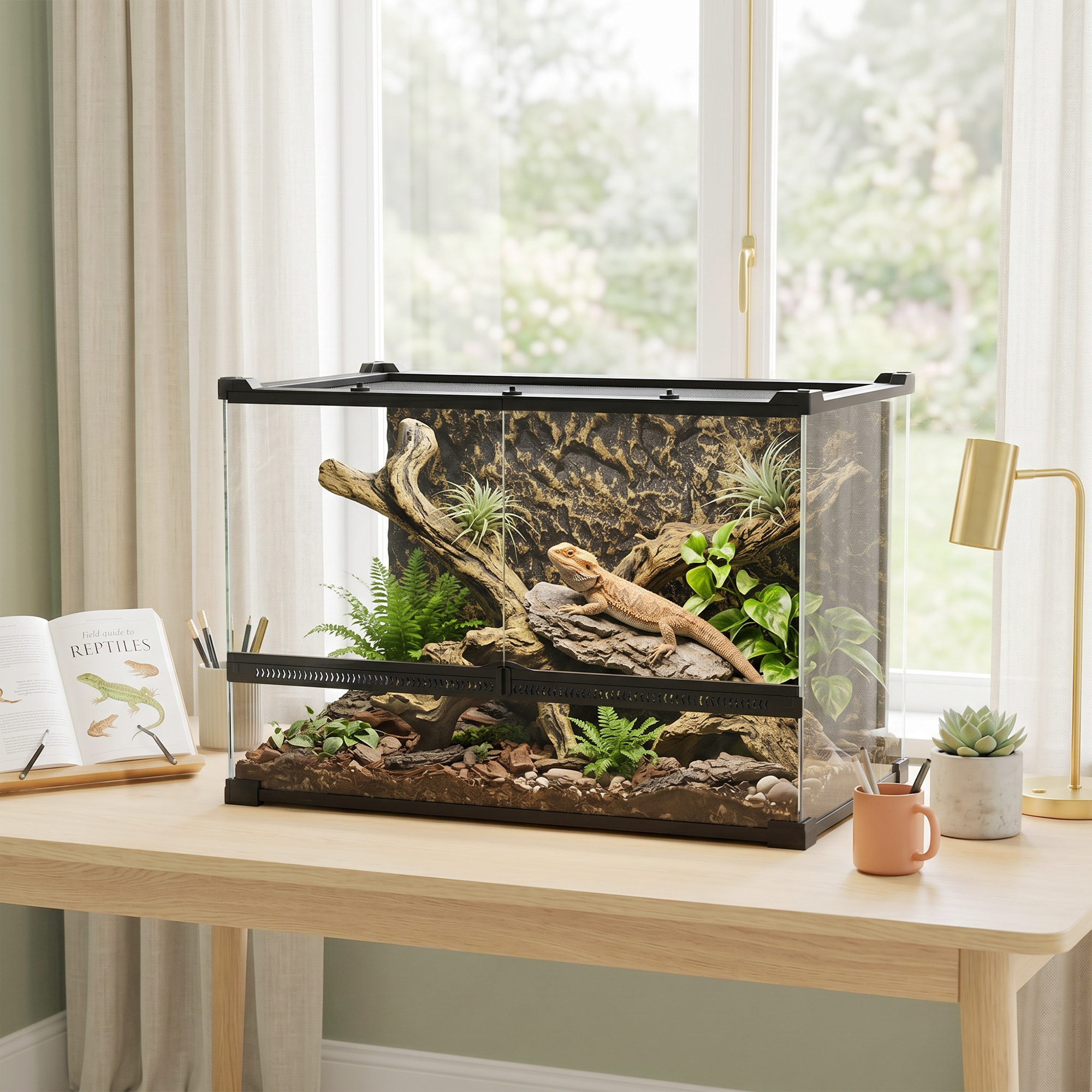 Terrarium verre 48L vivarium boîte à reptiles fermeture sécurisée par rotation noir