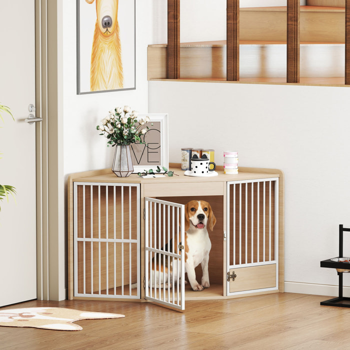 Cage d'angle pour chien en bois clair dim. 113 x 80 x 64 cm porte entrée + porte rotative alimentation