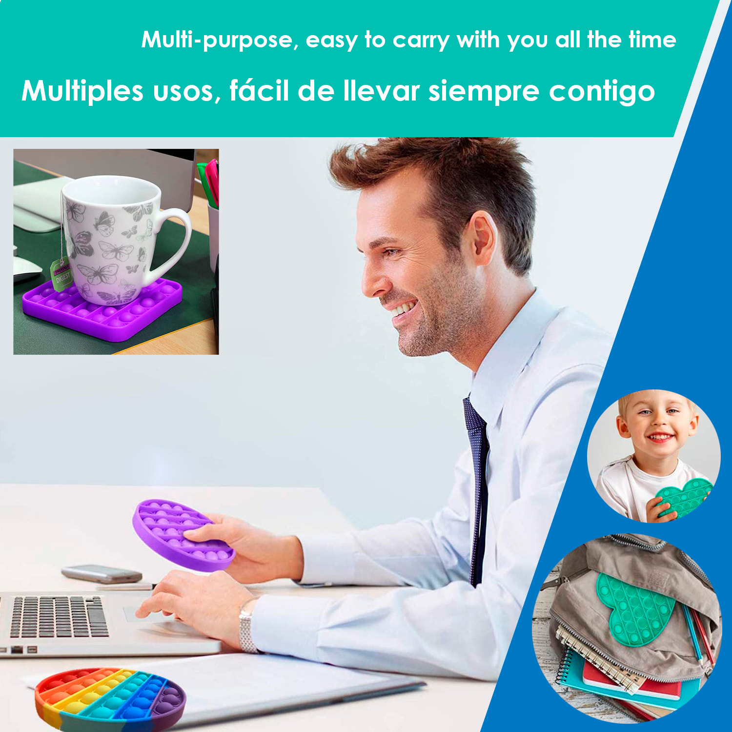 Bubble Pop It, 20 cm. quadrato multicolore. Giocattolo sensibile antistress, bolle di silicone da spremere e premere. Colore casuale