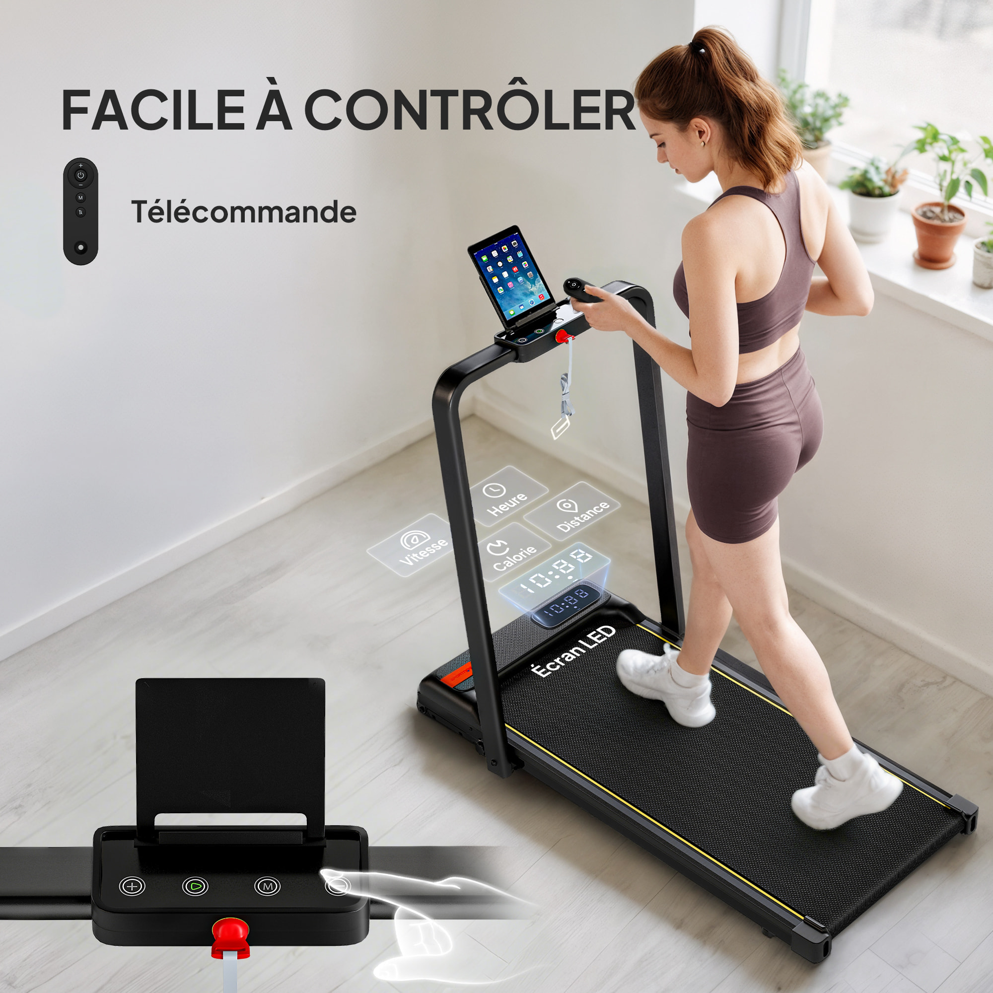 Tapis de marche pliable 1-6Km/h inclinaison réglable 4% max. télécommande affichage LED clé sécurité