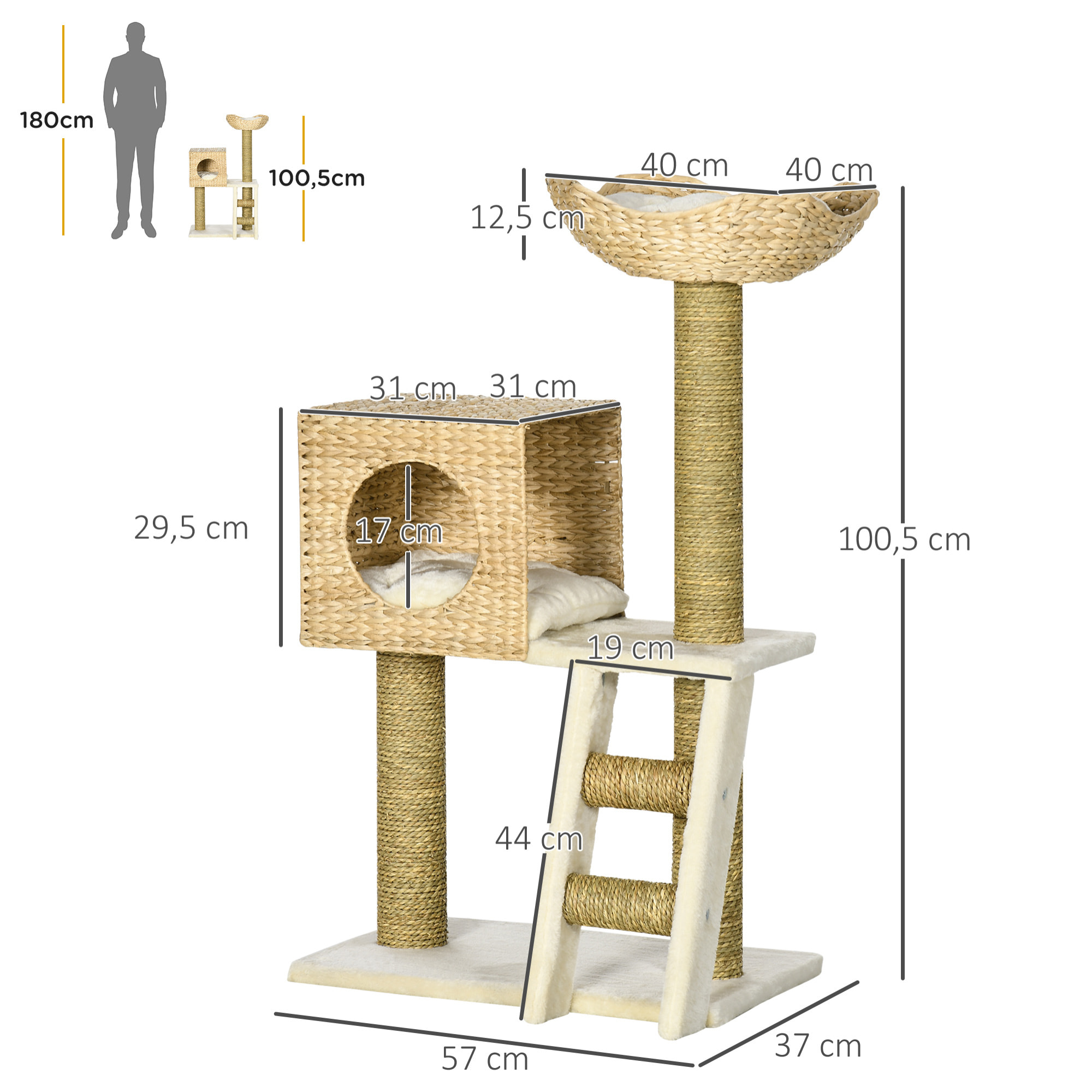PawHut árbol Rascador para Gatos Medianos Altura 100,5 cm Torre para Gatos con Cama Superior y Cueva de Totora 2 Cojines 2 Postes Escalera 57x37x100,5 cm Natural