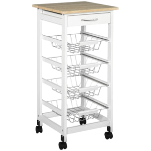 Desserte chariot de cuisine sur roulettes - 4 paniers coulissants, tiroir, plateau - bois blanc MDF bois clair