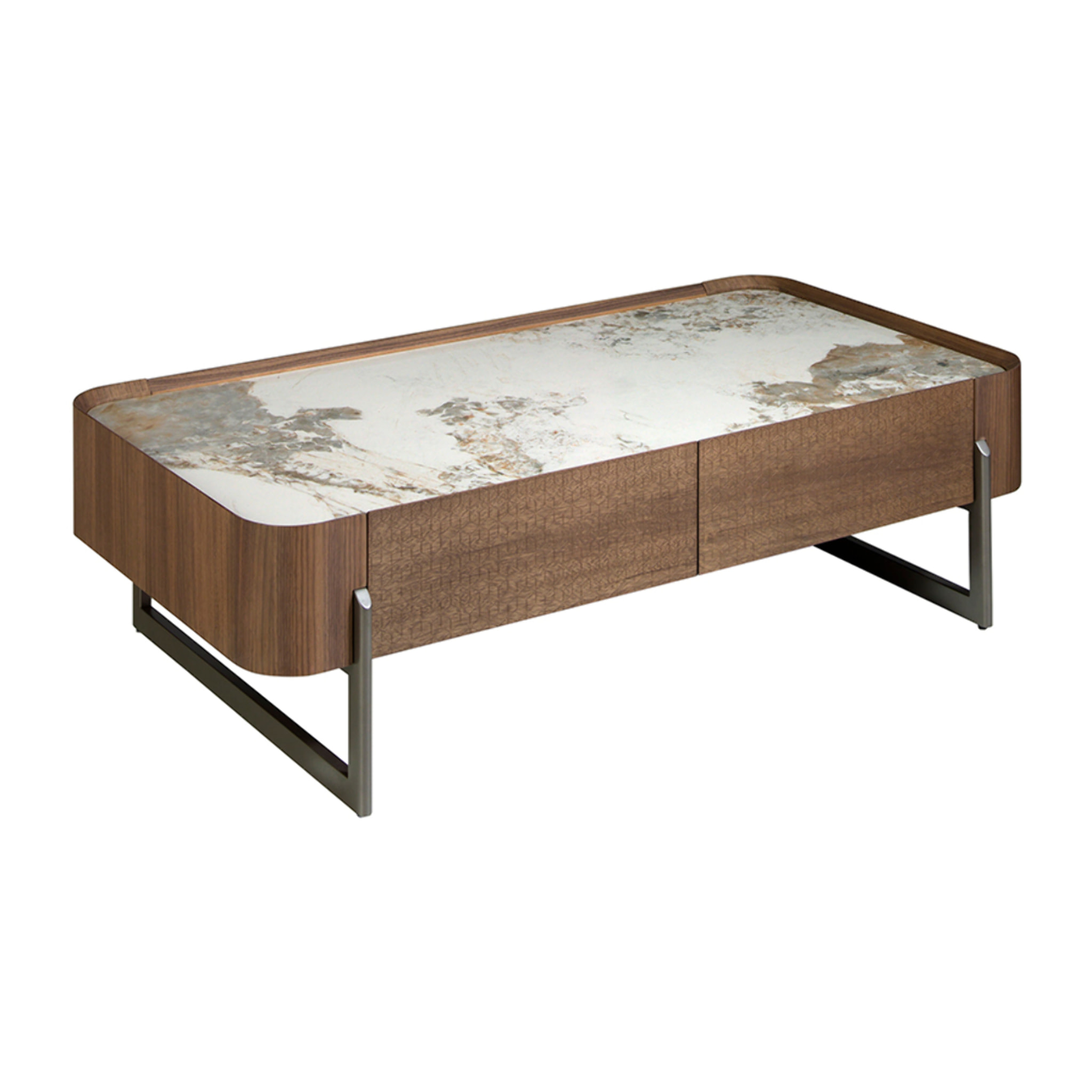 Mesa centro rectangular en madera chapada en nogal natural y tapa de mármol porcelánico blanco con vetas en tonos tierra en brillo 140x75x40cm