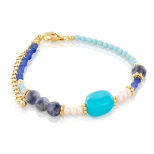 Nox Pulsera de perlas naturales, cristal con diseño de ojo de gato y piedra natural con vetas azules, con cierre de mosquetón.