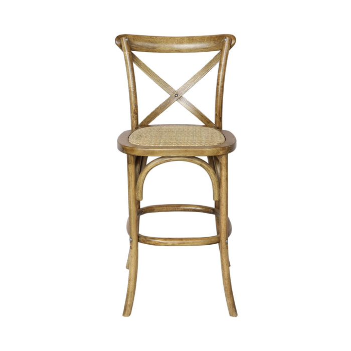 Tabouret de bar bistrot vintage en bois marron vieilli avec repose-pieds