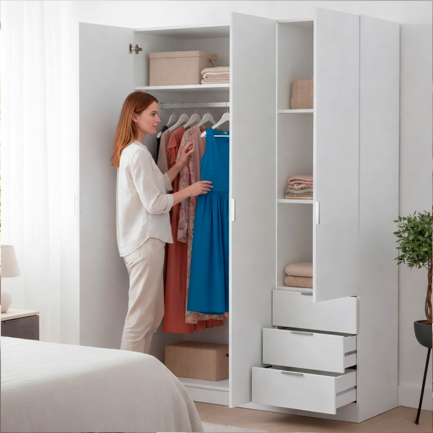 Armadio Guardaroba Vestiti 3 Ante Battenti 4 Ripiani E 3 Cassetti Con Barra Appendiabiti Salvaspazio Design Moderno 200 x 52 x 135 Cm Bianco