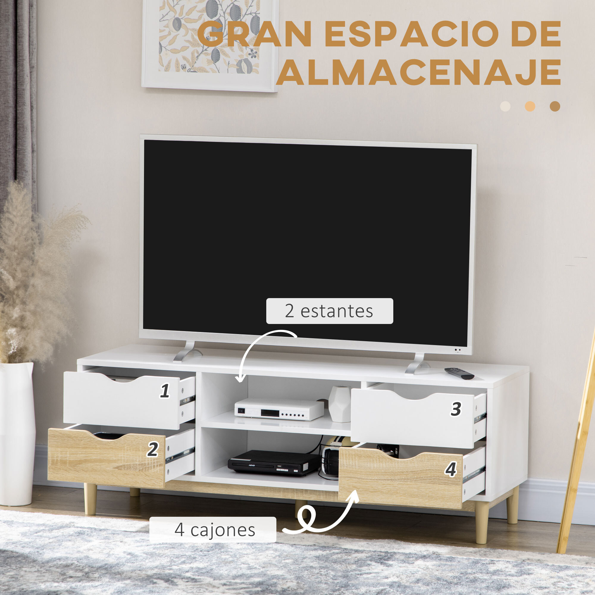 Mueble TV de Salón Mesa para TV para Televisores de hasta 55" con Estantes de Almacenamiento y 4 Cajones para Dormitorio 120x40x44,5 cm Blanco y Roble