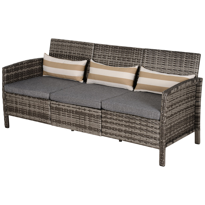 Outsunny Divano 3 Posti da Esterni in PE Rattan con Cuscini a Righe Grigio 173x68x78cm