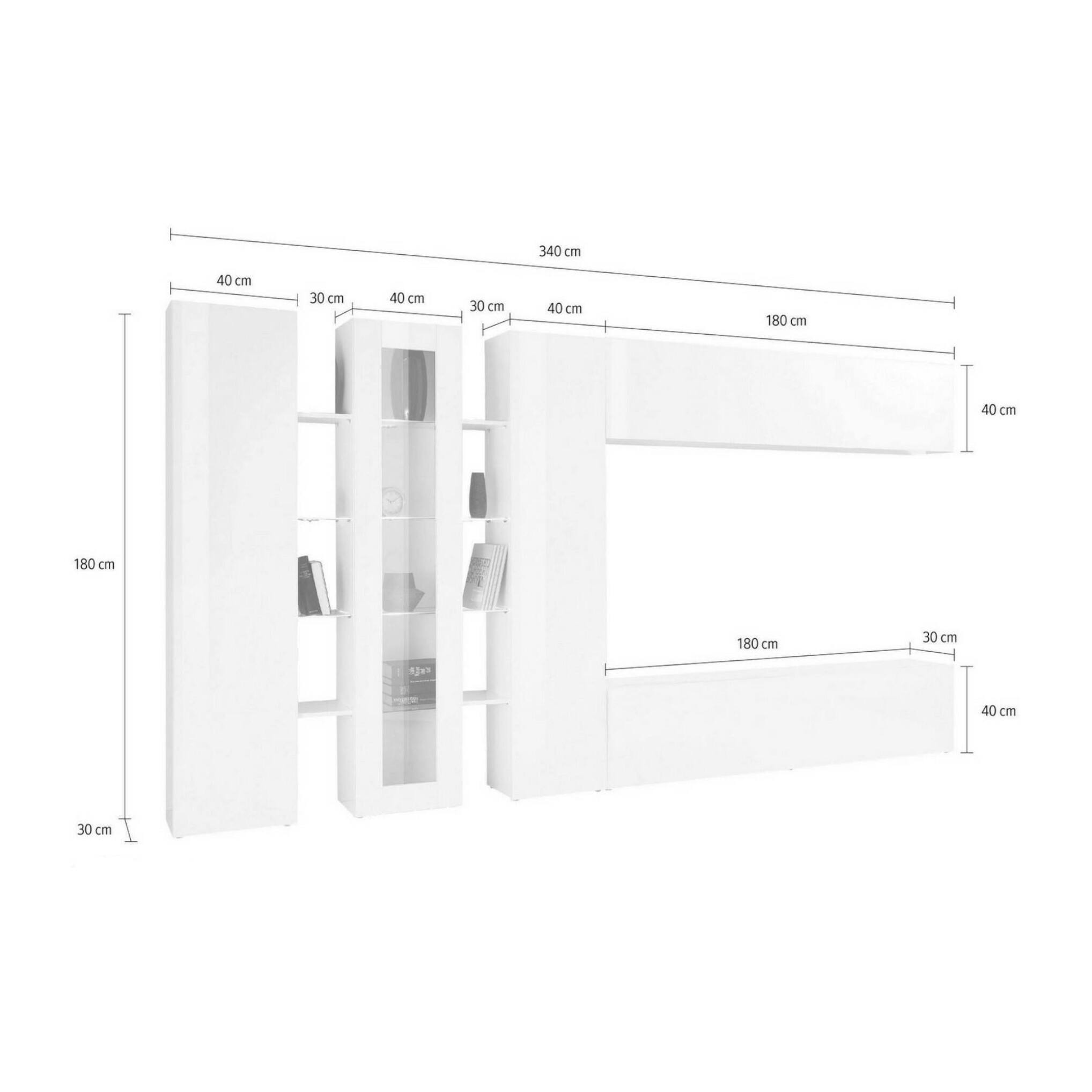 Parete attrezzata da soggiorno, Made in Italy, con luce LED blu, Base porta TV e pensili e scaffali, Set salotto moderno, cm 340x30h180, colore Bianco lucido