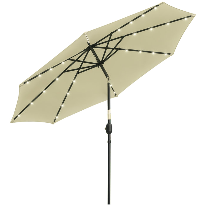 Outsunny Sombrilla Terraza Exterior, Ø265 cm, Sombrilla de Jardín con 32 Luces LED Solares, Poste de Acero y Manivela de Parasol Inclinable, para Patio, Terraza, Beige