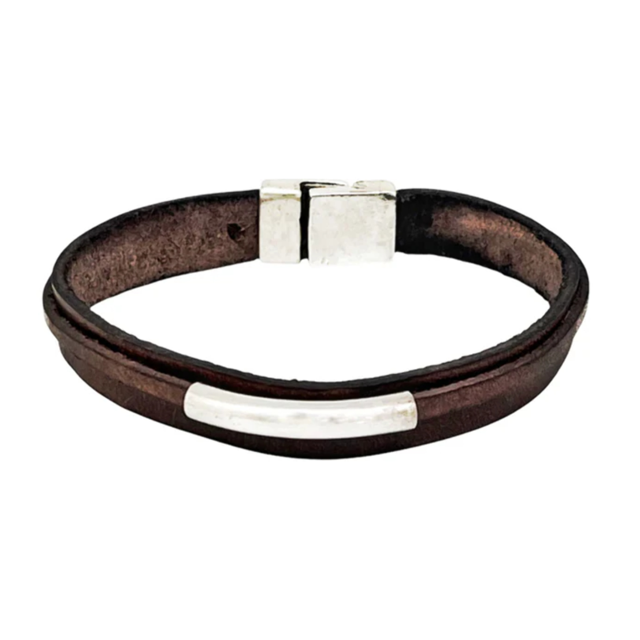 Pulsera Montana con tubo plata chapado cuero ecológico marrón