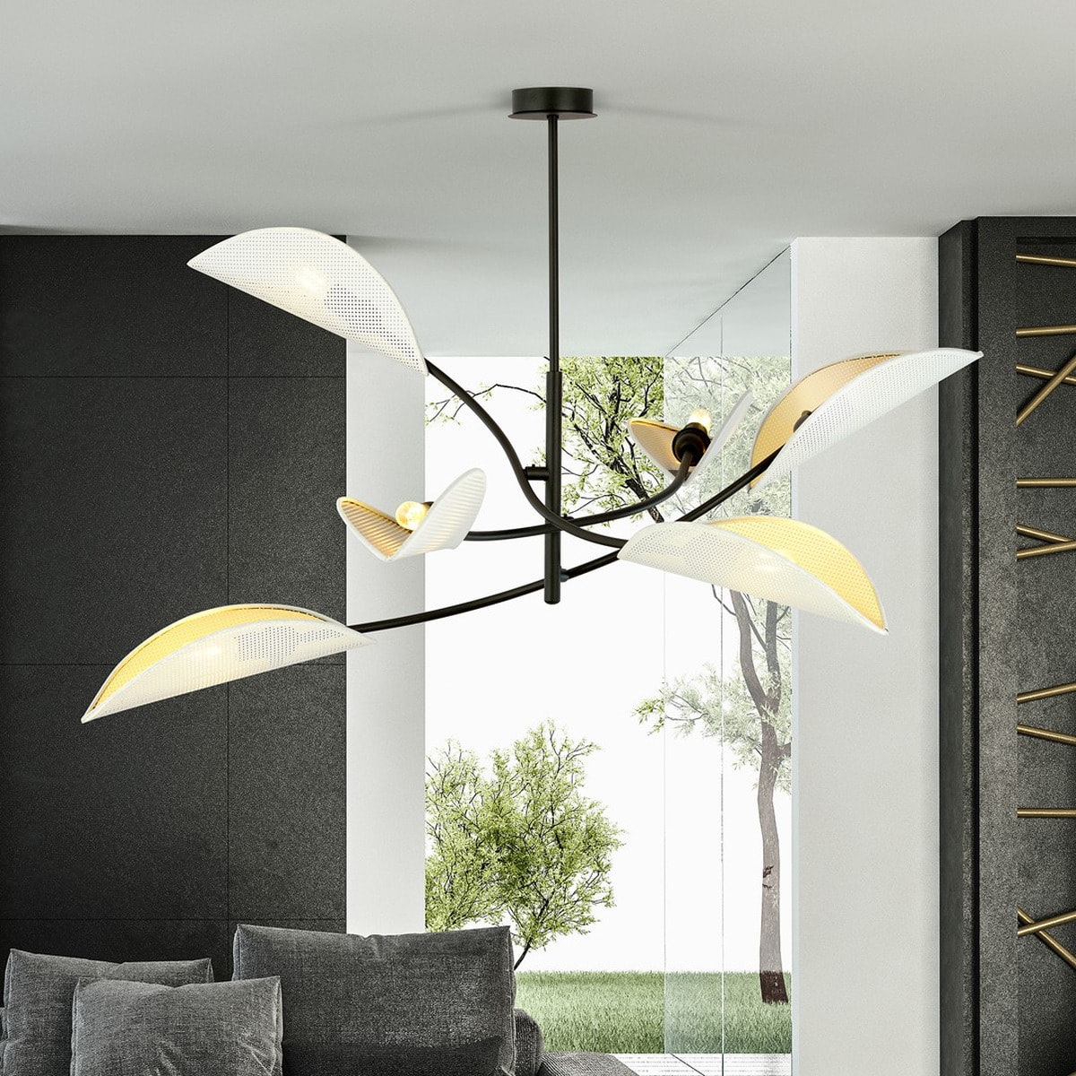 Lampada a sospensione Lotus in acciaio nero con paralumi a forma di foglia