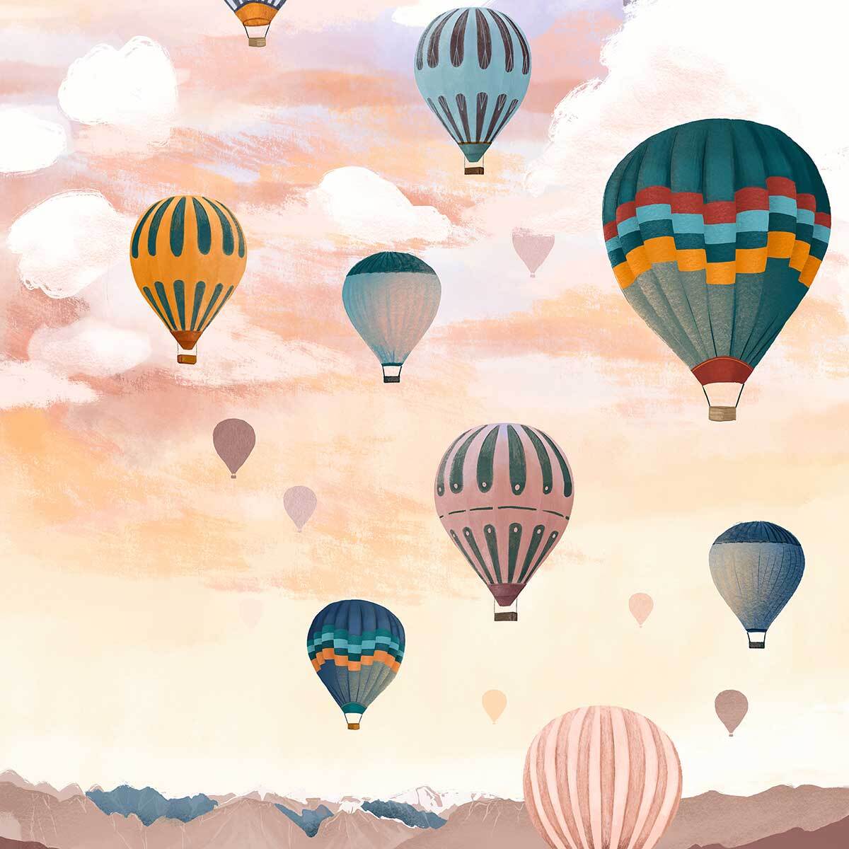 Affiche enfant ciel de montgolfière  Affiche + cadre en bois - Chêne