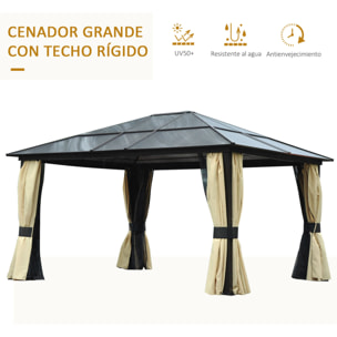 Cenador de Jardín 4,2x3,6 m Pabellón de Aluminio Exterior con Techo de Policarbonato 4 Cortinas Laterales y 4 Mosquiteras con Cremallera para Fiestas Eventos Marrón