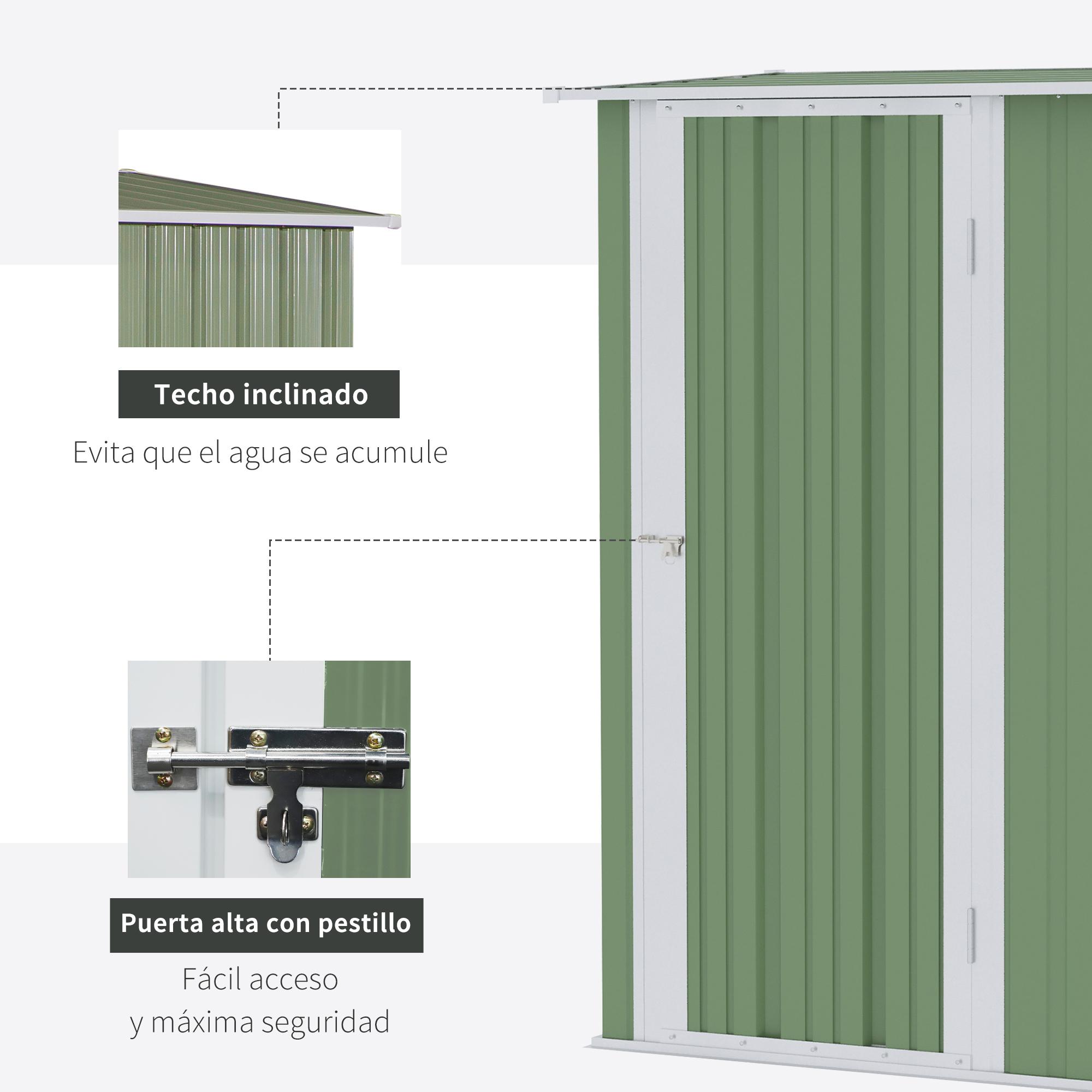 Cobertizo de Acero 1,07㎡ 142x84x189 cm Tipo Caseta de Jardín Galvanizado Almacén para Herramientas con Techo Inclinado y Una Puerta para Terraza Exterior Verde Claro