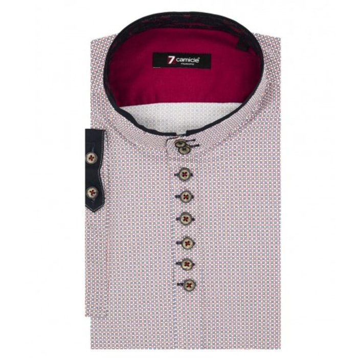 Camicia Uomo Coreano 7 Bottoni Manica Corta Con Profilo Popeline Stampato Bianco e Rosso