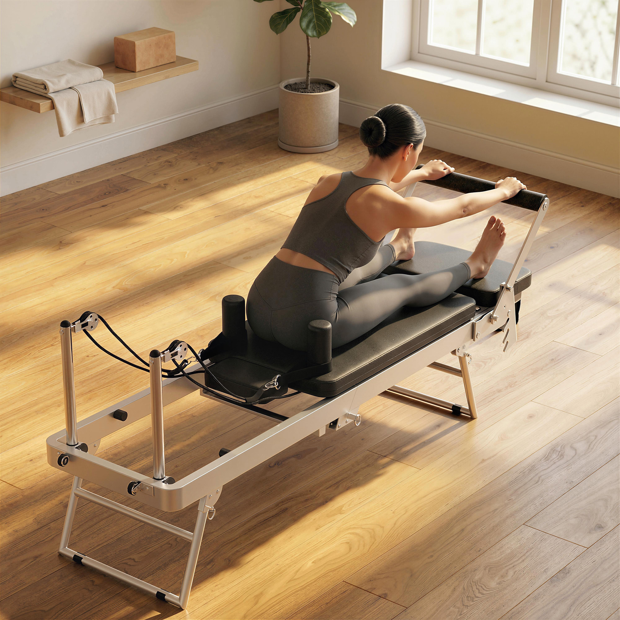 Machine reformer pilates pliable système hybride 4 ressorts acier blanc