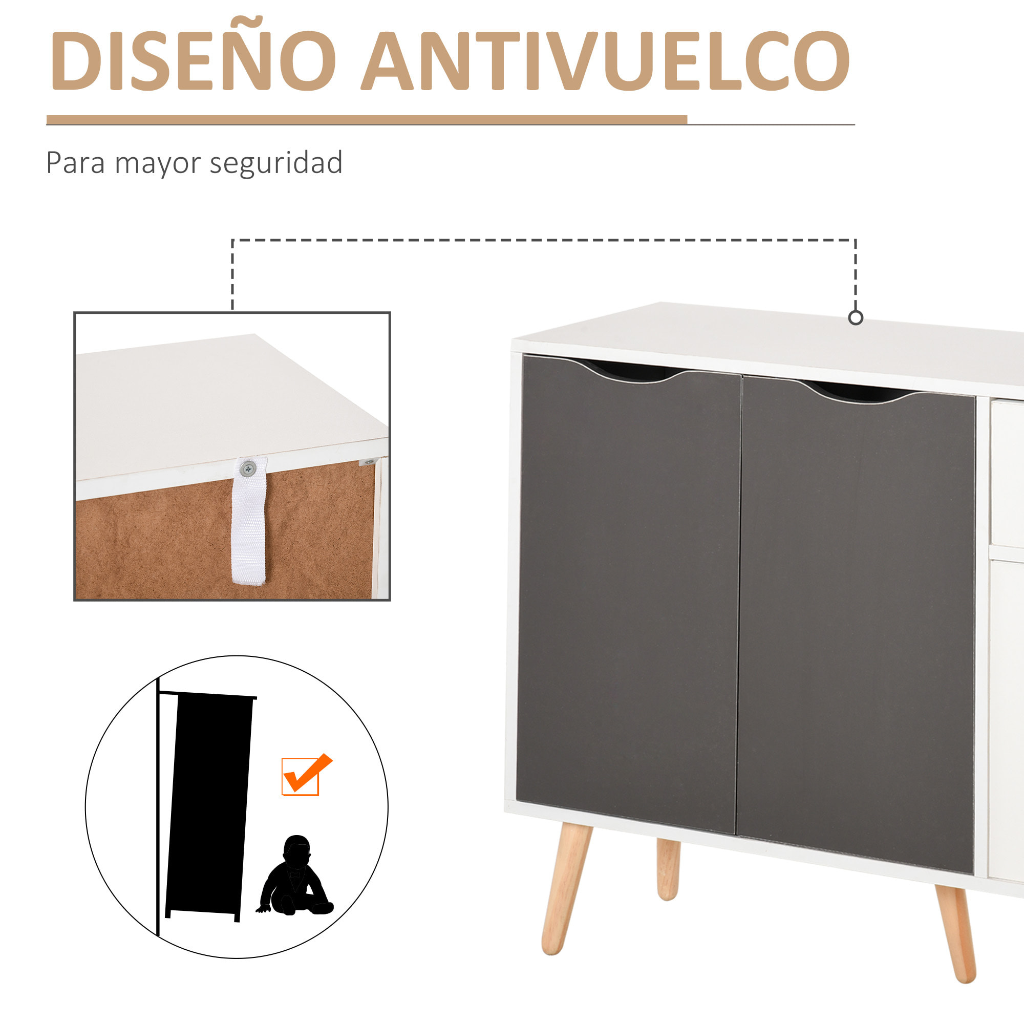 Aparador Moderno Aparador para Salón con 3 Puertas y Cajón Mueble Auxiliar para Salón Cocina Dormitorio 90x30x72 cm Blanco y Gris