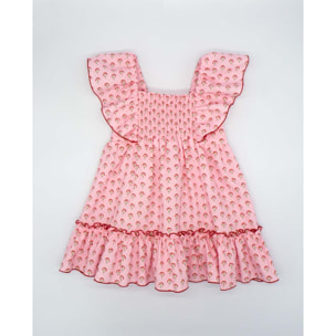 VESTIDO ROSA CON FLORES ROJAS CON VOLANTE EN MANGAS