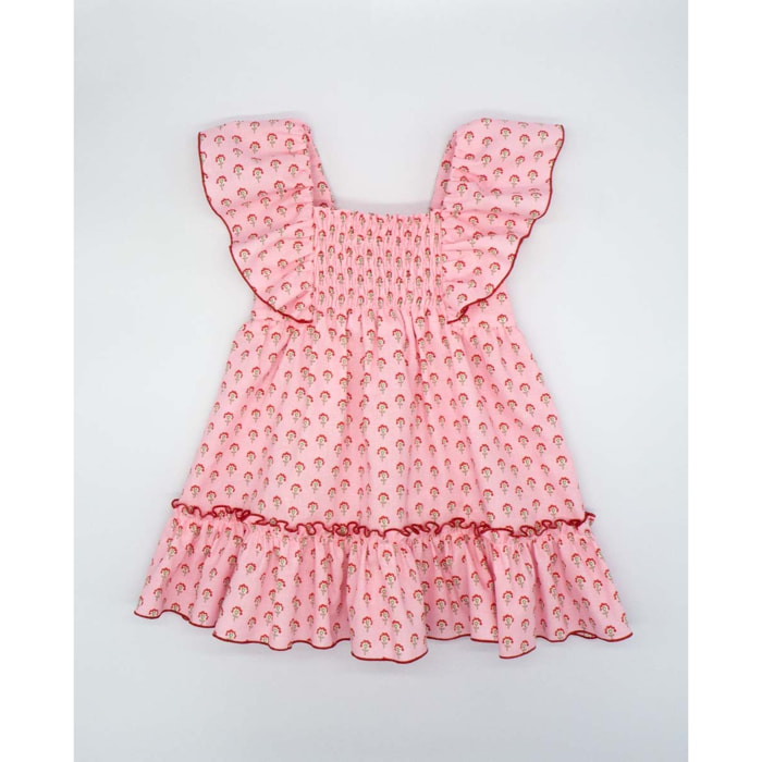 VESTIDO ROSA CON FLORES ROJAS CON VOLANTE EN MANGAS