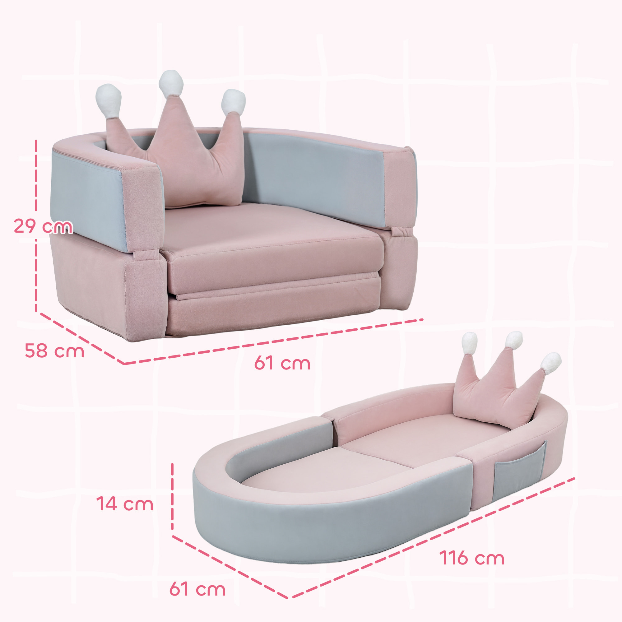 Sofá Infantil Convertible, Sofá para Niños con Cojín de Corona, Plegable en Cama y Zona de Juego, Tapizado de Terciopelo Suave, para Niños 18-36 Meses, Rosa y Azul Grisáceo