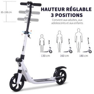 Trottinette pliable pour adulte enfant à partir 14 ans dim. 94L x 38l x 95-105H cm hauteur guidon réglable suspensions AV AR roues PU alu blanc