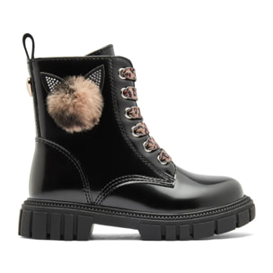 Botas Militares de Niña Efecto Peluche de Leopardo en Negro