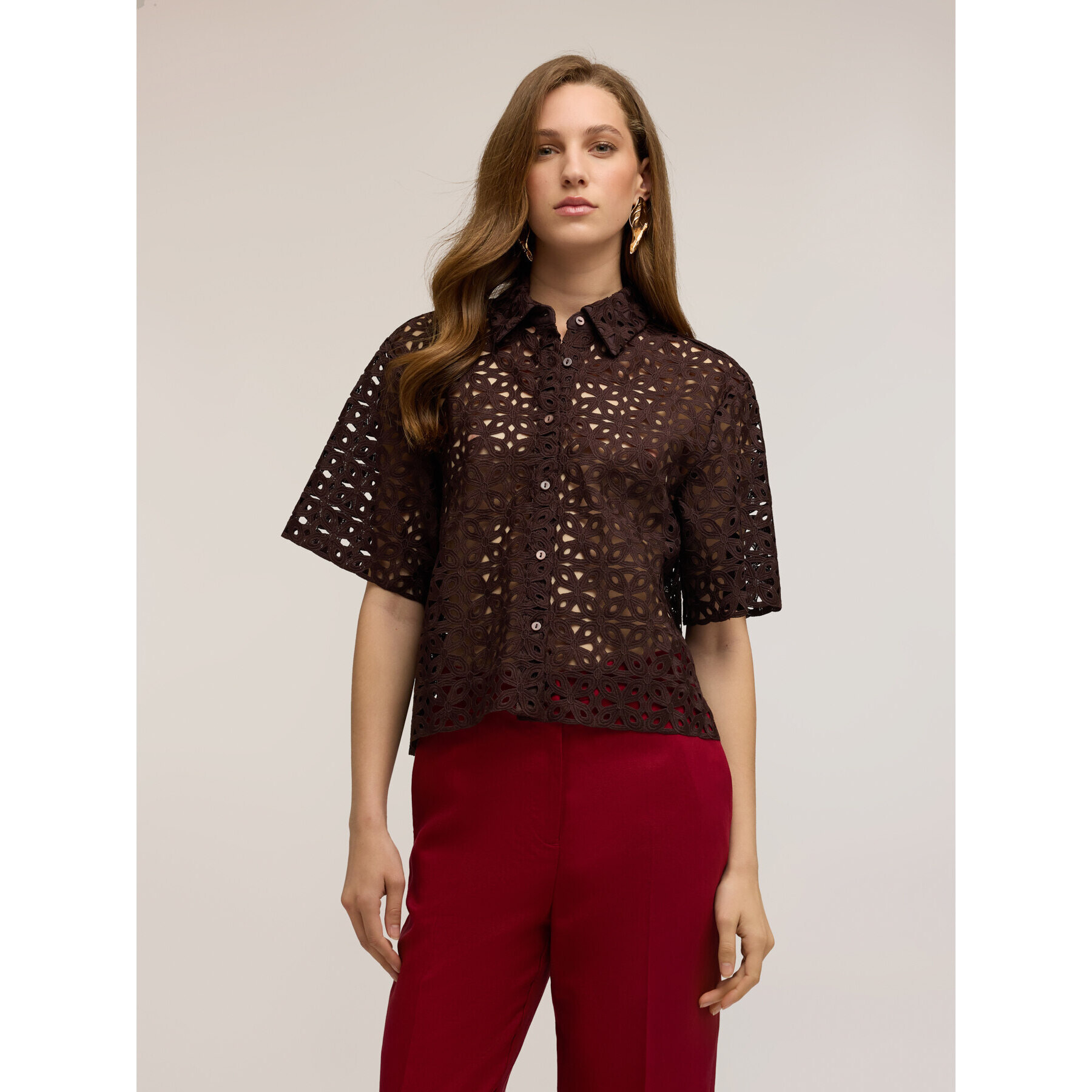 Motivi - Camicia boxy in pizzo macramé - Marrone