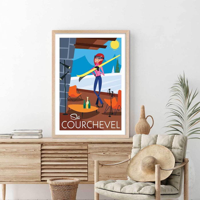 Affiche Ski à Courchevel Affiche + cadre en bois - Chêne