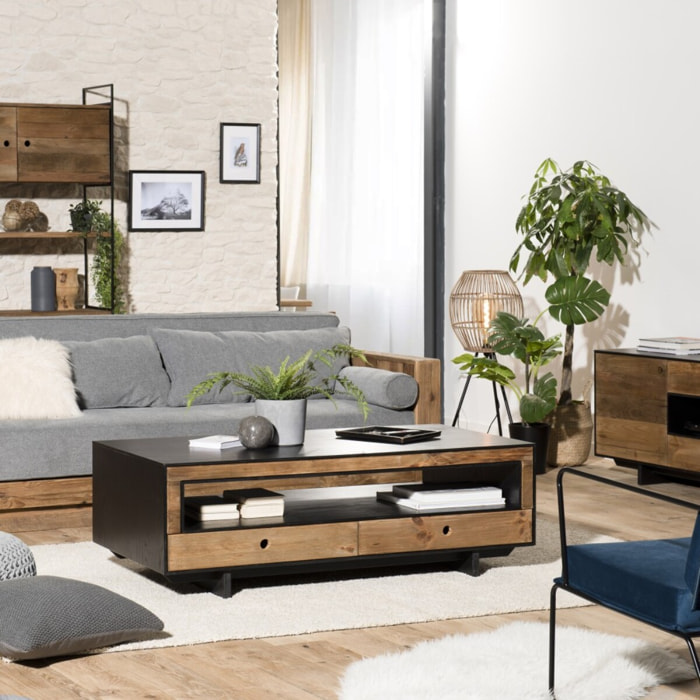 DANDY - Table basse 4 tiroirs 1 niche bois Pin recyclé naturel et noir