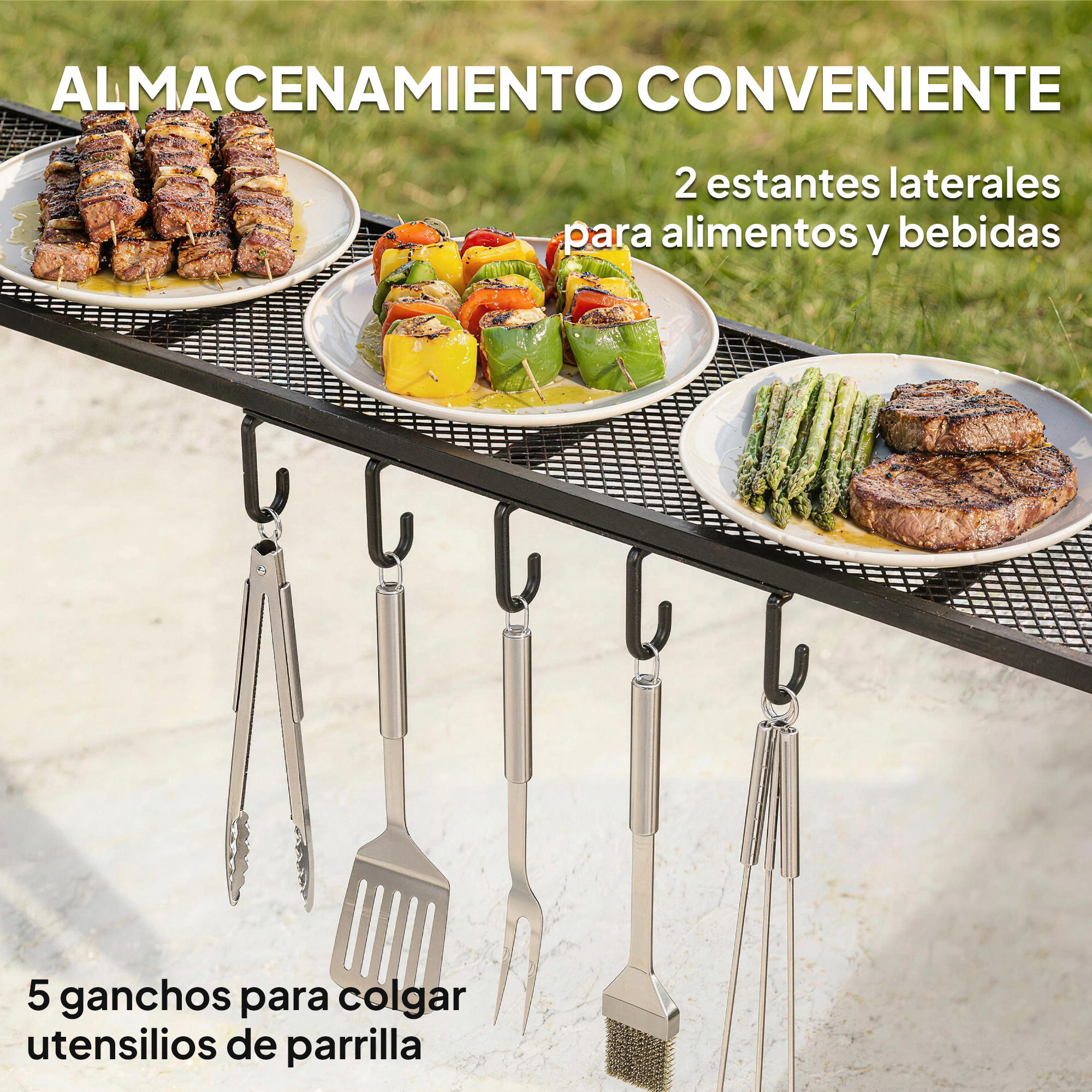 Carpa Barbacoa 2,4 x 1,5 m, Cenador de Pérgola con 2 Estantes Laterales, Toldo Resistente a la intemperie, Ganchos y Estructura de Acero, para Jardín Terraza Exterior Camping BBQ, Gris Oscuro